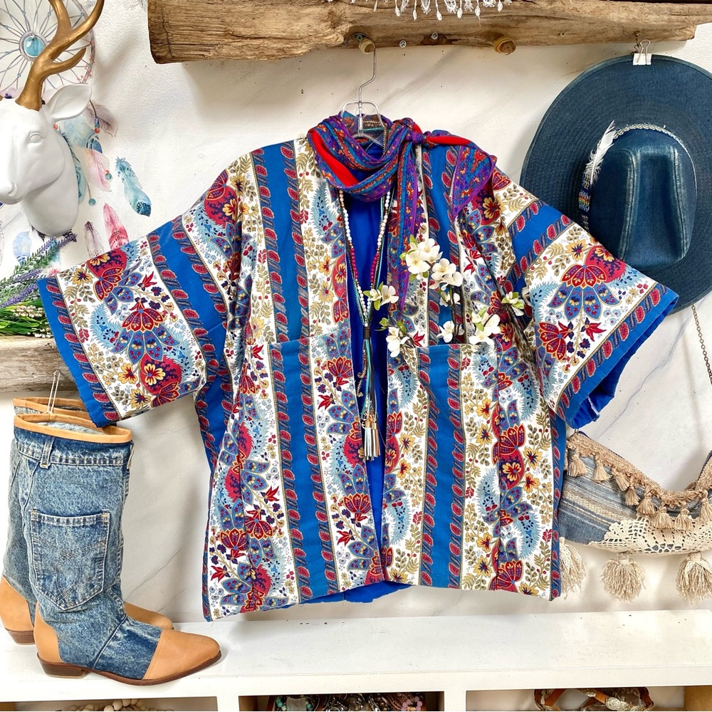 Boho Floral Stripe Kimono Jacket in Blue by